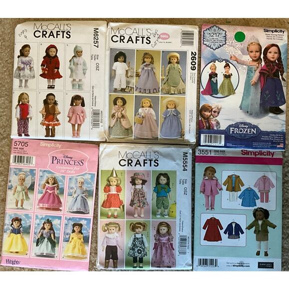6 NEW Patterns 3 Simplicity, Disney Princess Outfits 3 McCall's 18" Doll Clothes - Picture 1 of 4